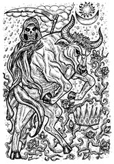 Fototapeta na wymiar Bull symbol. Ox with death skeleton, crown and mystic signs. Fantasy vector illustration for t-shirt, print, card, tattoo design. Zodiac animals signs of eastern calendar