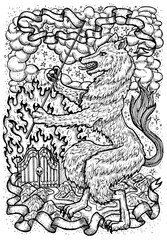 Dog symbol with heraldic decorations, hell gate and vignette ribbons. Fantasy vector illustration for t-shirt, print, card, tattoo design. Zodiac animals signs of eastern calendar