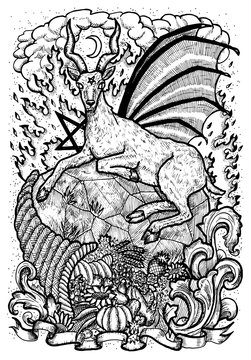 Goat symbol with horn of abundance, hell fire and diabolic sign - pentagram. Fantasy vector illustration for t-shirt, print, card, tattoo design. Zodiac animals signs of eastern calendar