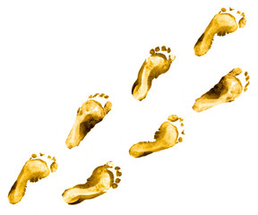 Golden foot prints set isolated on white background. Many fingerprint or stamp texture artwork of kids for education and journey. Top view. Close up.