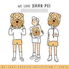 Boy and Girl Holding Puppy's face :  Vector Illustration