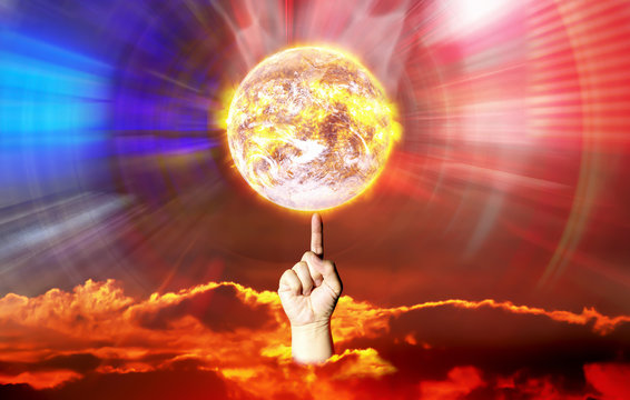 Finger Spin Hot Earth Shown Manipulation Of Control Power Cause Crisis Problem .Image Of Earth And Sun Furnished By NASA.