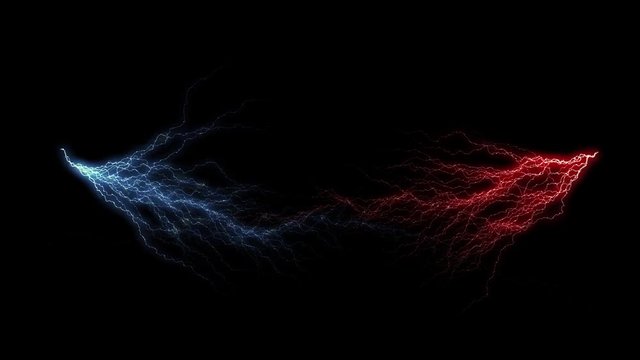 two plasma electric lightings, red and blue, or fire and ice, abstract electrical power background on a black, with copy space above