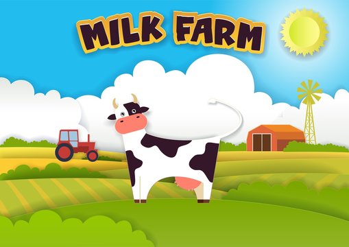 Milk farm vector illustration in modern paper art style