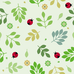 vector seamless repeating illustration floral pattern leaves flowers ladybug