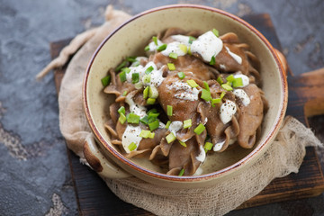 Rye vareniki or dumplings with sauerkraut, sour cream and green onion served in a bowl, studio shot