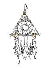 Vector illustration with hand drawn dream catcher. Feathers and beads.