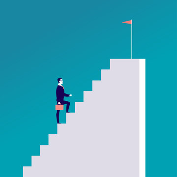 Vector business concept illustration with businessman walking up the stairs with flag on it isolated on blue background. Career, aspirations, reaching aims, motivation, growth, leadership - metaphors.
