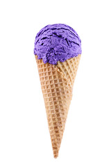 Blueberry ice cream with cone isolated on white background