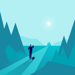 Vector business concept illustration with businessman standing at forest edge and watching on horizon city. Metaphor for new aims, goals, purpose, achievements and aspirations, motivation, overcoming.