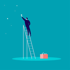 Vector business concept illustration with businessman standing on stairs and reaching star on the sky. Blue background. Reach your dream, aspirations and solutions - metaphor.