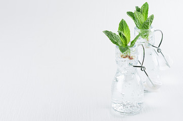 Two transparent bottles with fresh green mint sprigs on white wood background. Spring interior, copy space.
