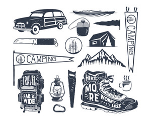 Fototapeta premium Vintage hand drawn adventure symbols, hiking, camping shapes of backpack, pennant, kayak, surf car, lantern. Retro monochrome design. For t shirts, prints. Stock vector silhouette icons isolated