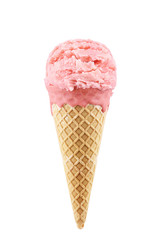 Strawberry ice cream scoop with cone isolated on white background
