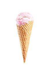 Strawberry ice cream scoop with cone isolated on white background