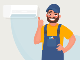 Service and repair of air conditioners. The repairman on the background of a properly functioning air conditioner. Vector illustration