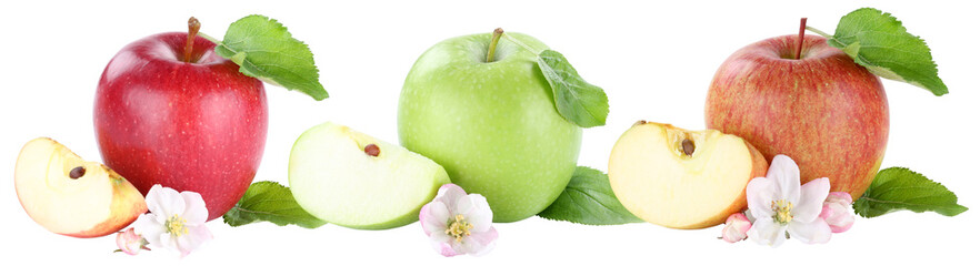 Collection of apple fruit apples fruits slice sliced blossom isolated on white