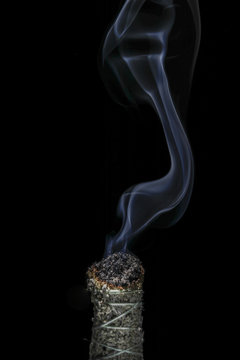 A Stick of Burning Buffalo Sage with Beautiful Flowing Smoke on a Black Background