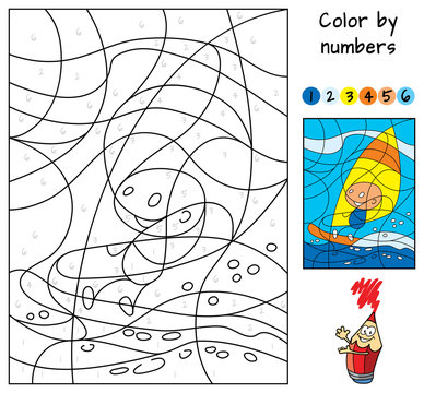 Windsurfing. Color by numbers. Educational puzzle game for children. Coloring book. Cartoon vector illustration