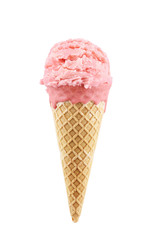 Strawberry ice cream scoop with cone isolated on white background