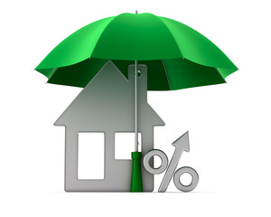 Metallic trinket house and percent under umbrella on white background. isolated 3d illustration