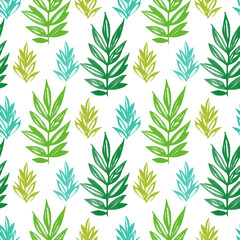 Floral seamless pattern with green and blue leaves watercolor on white. Abstract colorful illustration