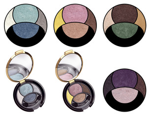 Cosmetic solid eyeshadows, two products and four mixed colors high resolution samples, beauty products isolated on white background, clipping paths included