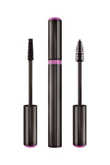 Cosmetic black mascara long eyelashes with two different brushes, beauty product isolated on white background, clipping path included