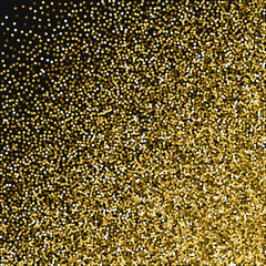 Round gold glitter. Abstract random scatter with round gold glitter on black background. Adorable Vector illustration.