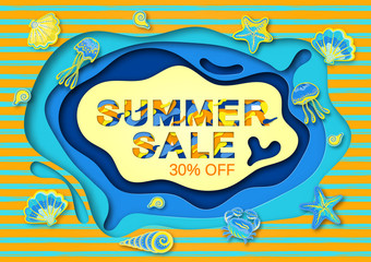 Summer sale paper cut background for banner, poster, promotion, web site, online shopping, advertising. Vector illustration.
