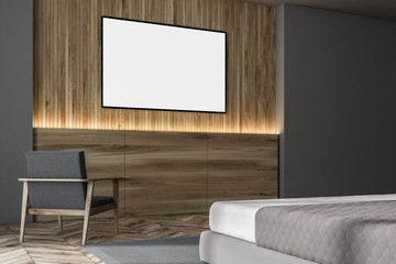 Wooden Scandinavian bedroom, armchair, poster