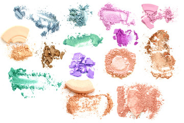 Obraz na płótnie Canvas Make up set of various crushed eyeshadows and powder isolate.