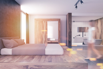 Modern bedroom and bathroom interior blur