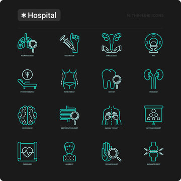 Hospital thin line icons set for doctor's notation: neurologist, gastroenterologist, manual therapy, ophtalmologist, cardiology, allergist, dermatologist. Vector illustration for balck theme.