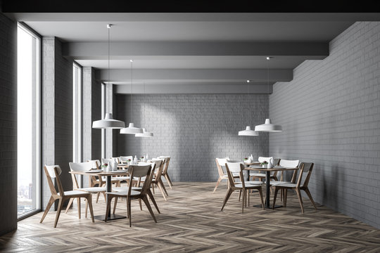 Gray brick modern cafe interior