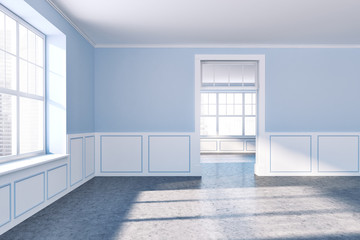 Empty room with blue walls, door and big window
