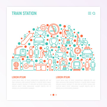 Train station concept in half circle with thin line icons: information, ticket office, toilet, taxi, metro, waiting room, luggage storage, turnstile, food court, no smoking. Vector illustration.