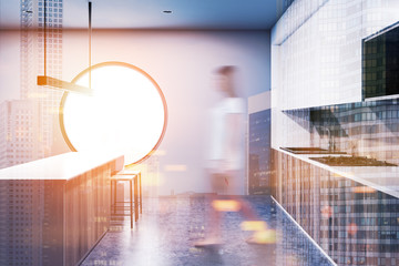 Gray round window kitchen interior blur toned