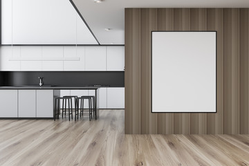 White kitchen with framed poster on wall