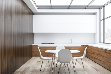 Wooden and white kitchen and dining room