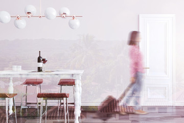 Marble table dining room interior, woman