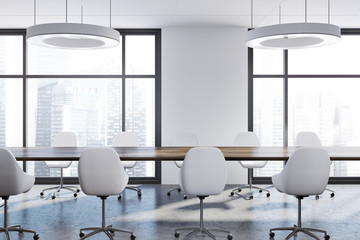 White boardroom room interior, white chairs side