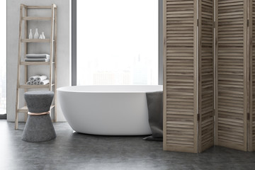 White and wooden luxury bathroom interior