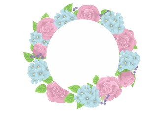 Flowers wreath with pink rose and blue hydrangea