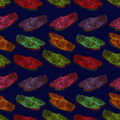 Colorful striped espadrilles of bright neon colors palette,  hand painted watercolor illustration, seamless pattern on dark blue background