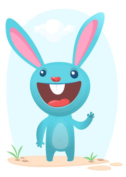 Happy bunny cartoon isolated on forest background. Vector illustration
