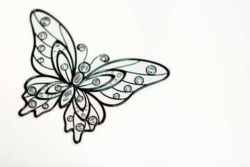 Black butterfly on white background. Wallpaper, pattern, texture.