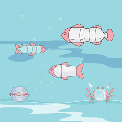 Single-use plastic pollutes the sea. Marine creatures have ingested plastic trash. Ocean plastic pollution concept. Vector illustration.