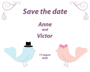 Wedding invitation template with a pair of birds,the bride and groom cut out of paper. White background with monograms in the corners of the card.Vector