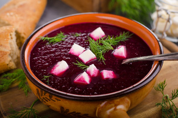 Beet soup with cheese and herbs